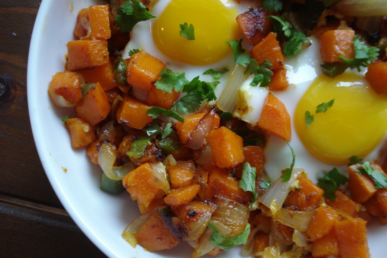 Spicy Sweet Potato Hash w/ Eggs
